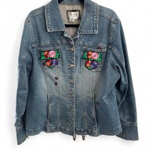 VINTAGE 90's Live a Little Y2K Women's Embroidered Denim Jacket Size 1X